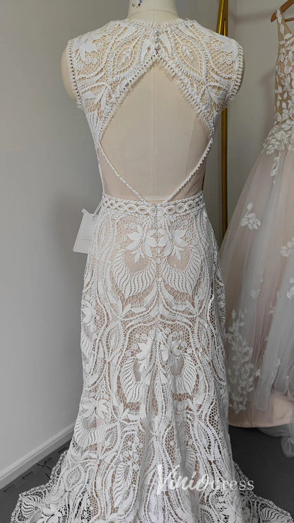 Boho Sheath Wedding Dress | Pearl Beaded Bodice with Guipure Lace & Open Back VW1125-wedding dresses 2025 -Viniodress-Ivory-Custom Size-
