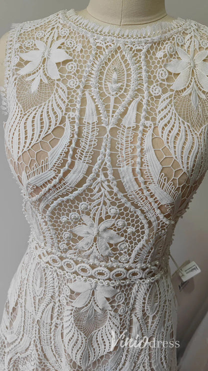 Boho Sheath Wedding Dress | Pearl Beaded Bodice with Guipure Lace & Open Back VW1125-wedding dresses 2025 -Viniodress-Ivory-Custom Size-