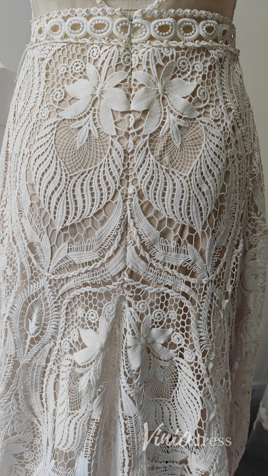 Boho Sheath Wedding Dress | Pearl Beaded Bodice with Guipure Lace & Open Back VW1125-wedding dresses 2025 -Viniodress-Ivory-Custom Size-