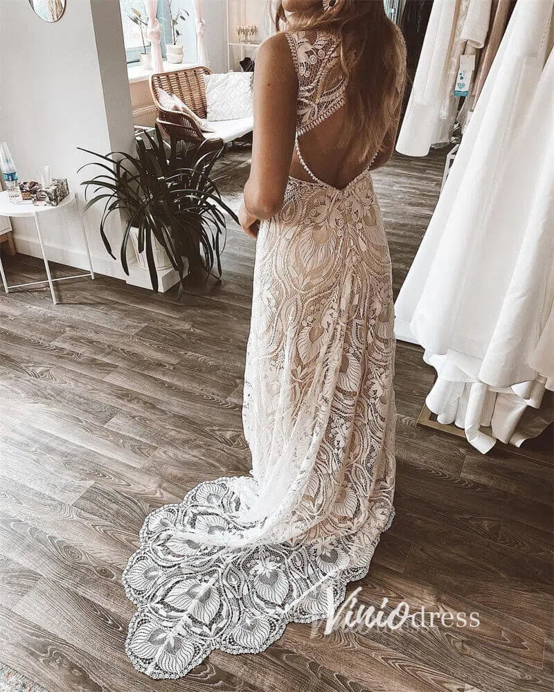 Boho Sheath Wedding Dress | Pearl Beaded Bodice with Guipure Lace & Open Back VW1125-wedding dresses 2025 -Viniodress-Ivory-Custom Size-