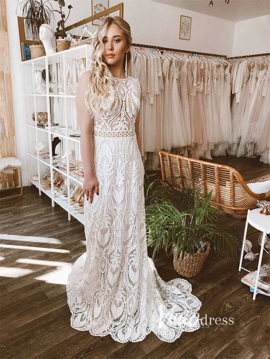 Boho Sheath Wedding Dress | Pearl Beaded Bodice with Guipure Lace & Open Back VW1125-wedding dresses 2025 -Viniodress-Ivory-Custom Size-