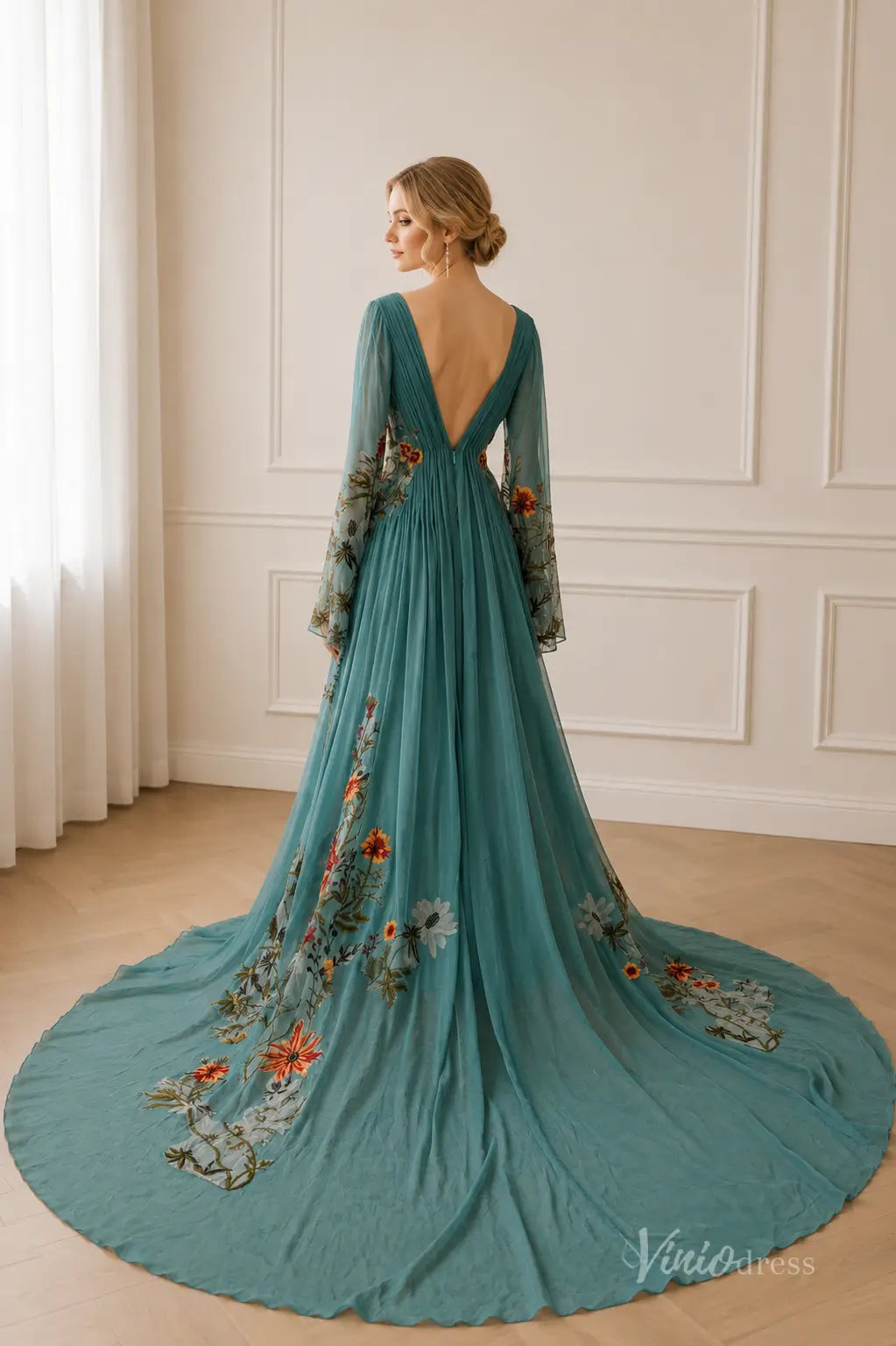 Boho Teal Botanical Embroidered Wedding Dress with Deep V Neck, Sheer Bell Sleeves & Chapel Train - FW292-wedding dresses 2026-Viniodress-Teal-Custom Size – Add Measurements in Cart-