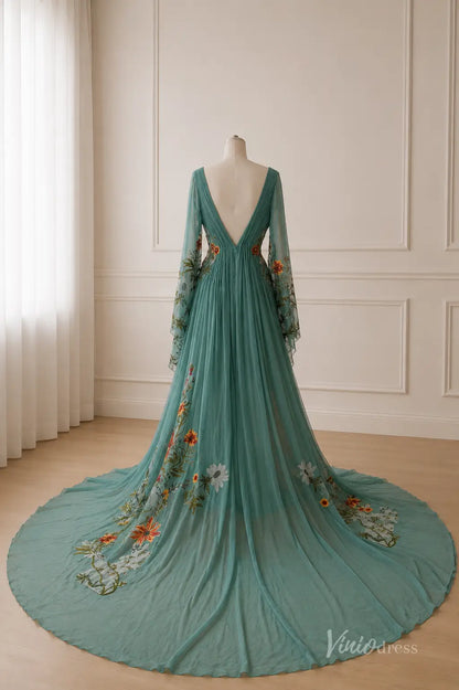 Boho Teal Botanical Embroidered Wedding Dress with Deep V Neck, Sheer Bell Sleeves & Chapel Train - FW292-wedding dresses 2026-Viniodress-Teal-Custom Size – Add Measurements in Cart-
