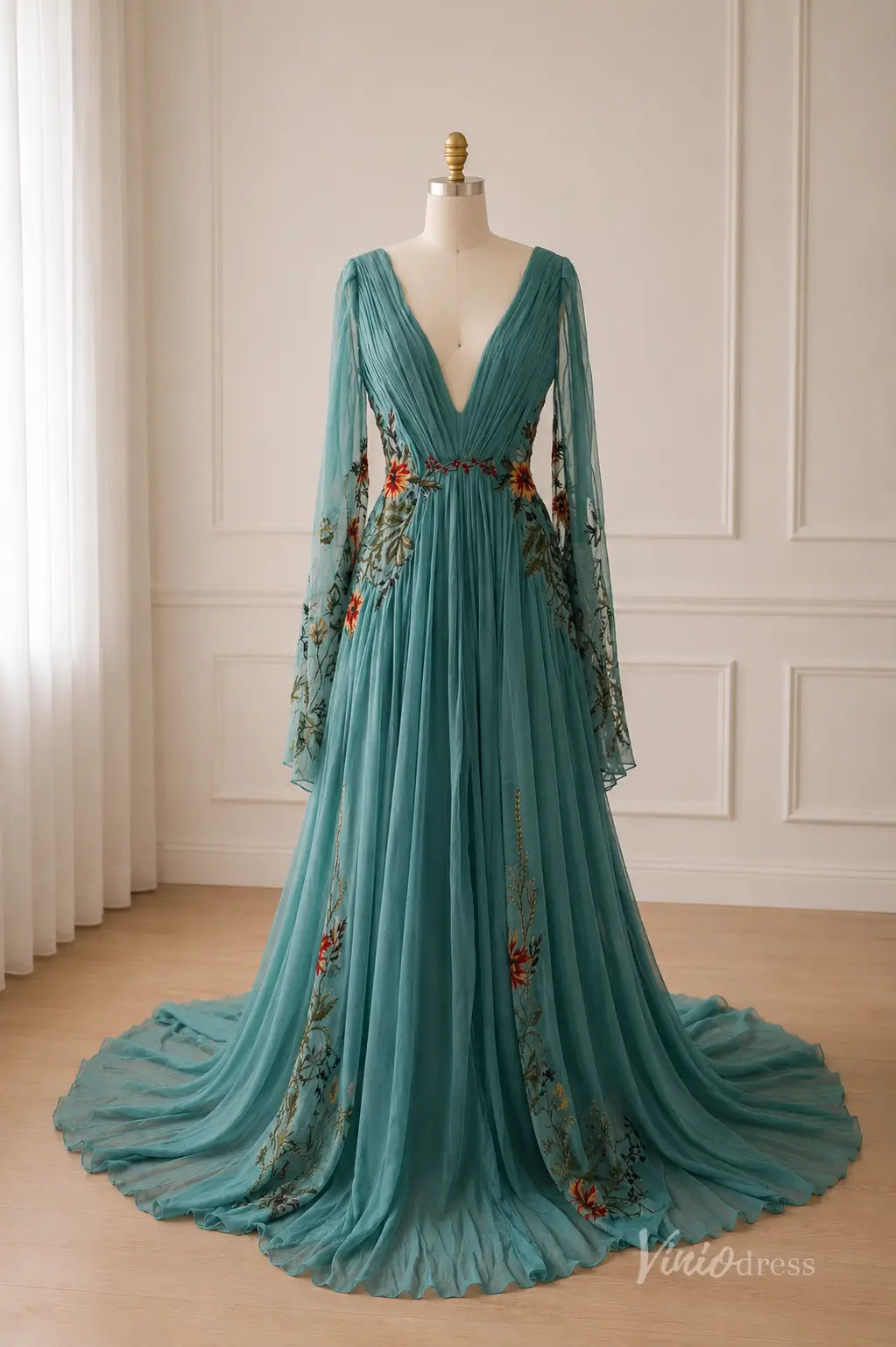 Boho Teal Botanical Embroidered Wedding Dress with Deep V Neck, Sheer Bell Sleeves & Chapel Train - FW292-wedding dresses 2026-Viniodress-Teal-Custom Size – Add Measurements in Cart-