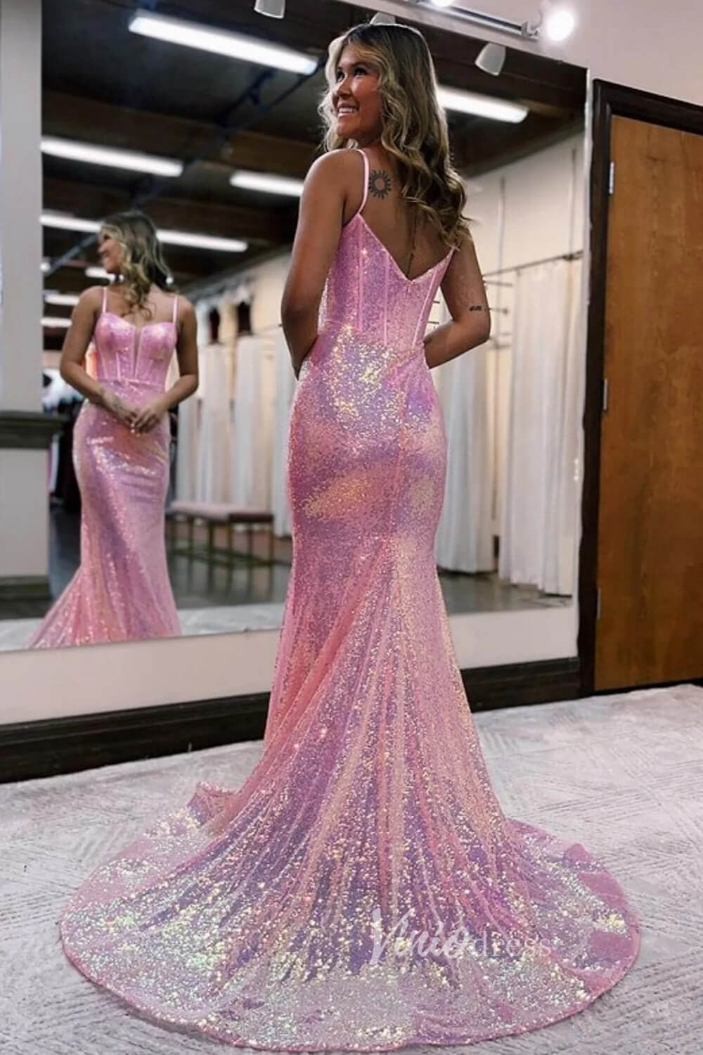 Boned Sequin Mermaid Prom Dresses Pink Spaghetti Strap Evening Dress FD3506-prom dresses 2025 -Viniodress-Pink-Custom Size-