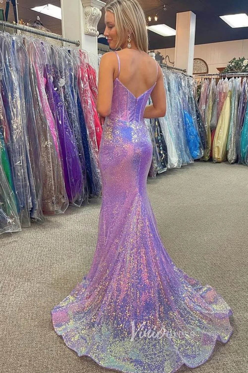 Boned Sequin Mermaid Prom Dresses Pink Spaghetti Strap Evening Dress FD3506 - Viniodressprom dressesLilacCustom Size - Formal Dresses - Ball Gowns