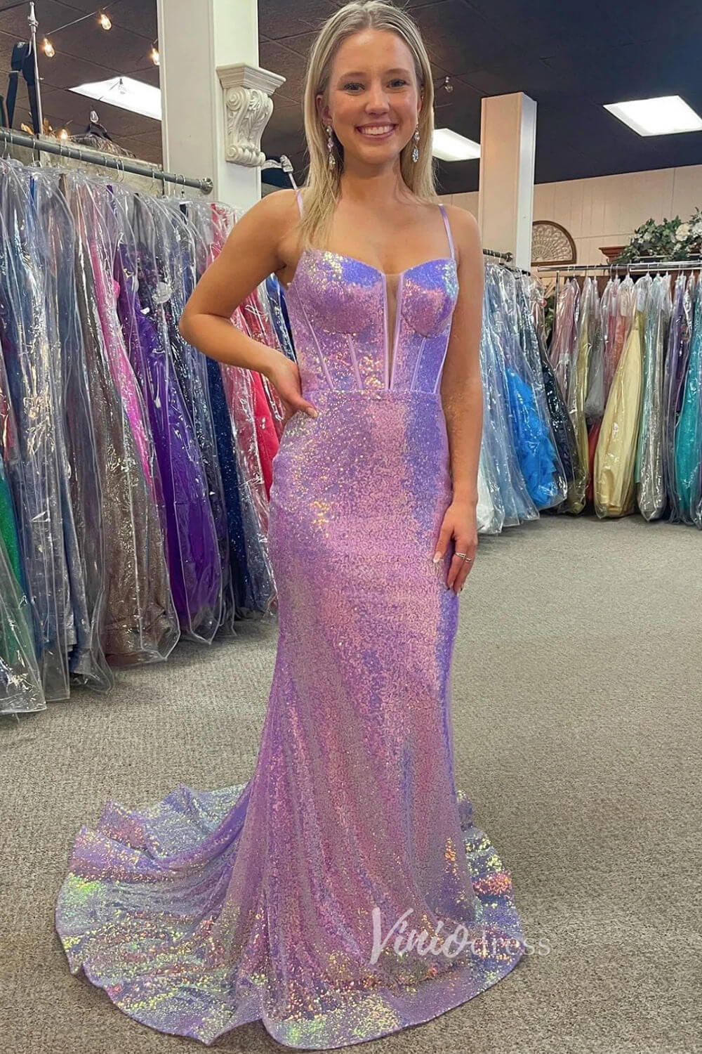 Boned Sequin Mermaid Prom Dresses Pink Spaghetti Strap Evening Dress FD3506 - Viniodressprom dressesLilacCustom Size - Formal Dresses - Ball Gowns