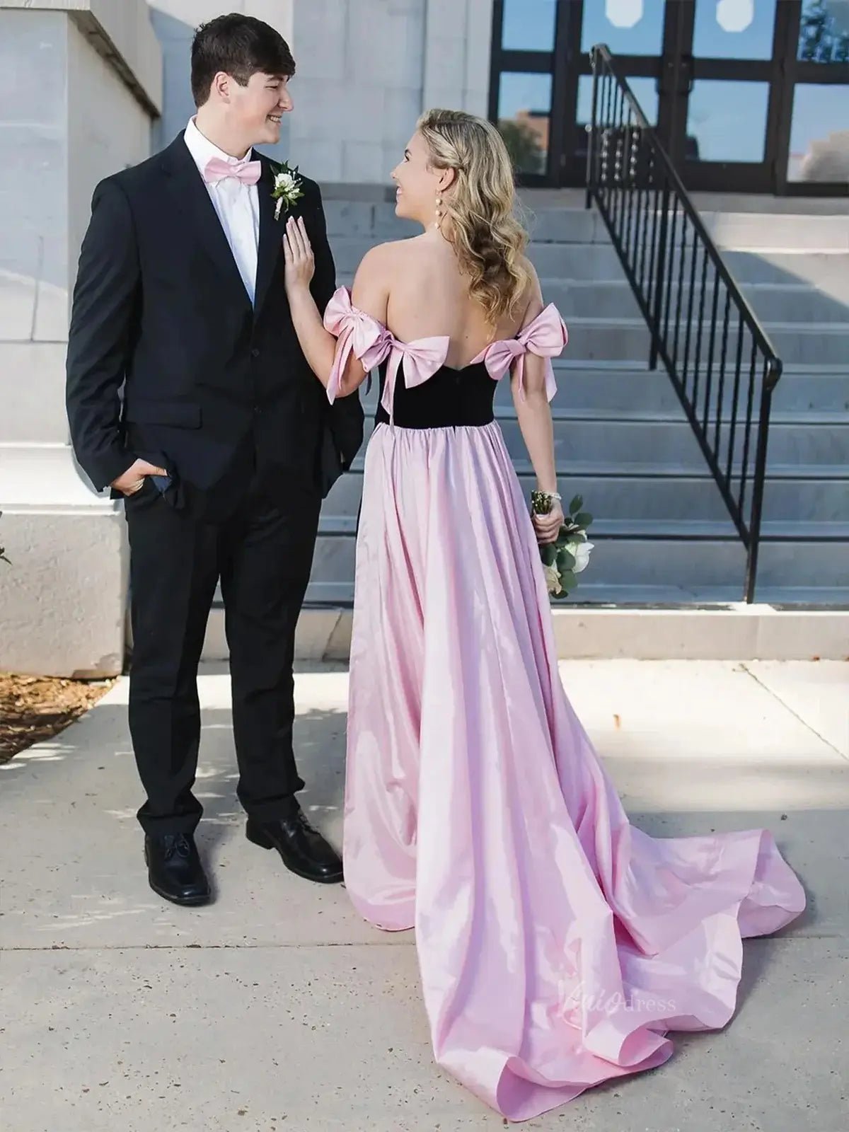 Bow-Tie Sheath Prom Dresses 2025 Velvet Bodice Satin Overskirt Formal Gown with Slit - FD5133-prom dresses 2025 -Viniodress-Pink-Custom Size-