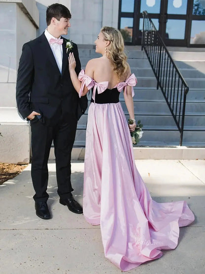 Bow-Tie Sheath Prom Dresses 2025 Velvet Bodice Satin Overskirt Formal Gown with Slit - FD5133-prom dresses 2025 -Viniodress-Pink-Custom Size-