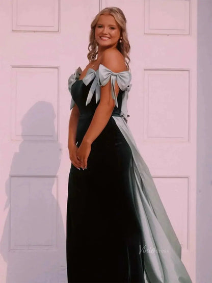 Bow-Tie Sheath Prom Dresses 2025 Velvet Bodice Satin Overskirt Formal Gown with Slit - FD5133-prom dresses 2025 -Viniodress-Pink-Custom Size-