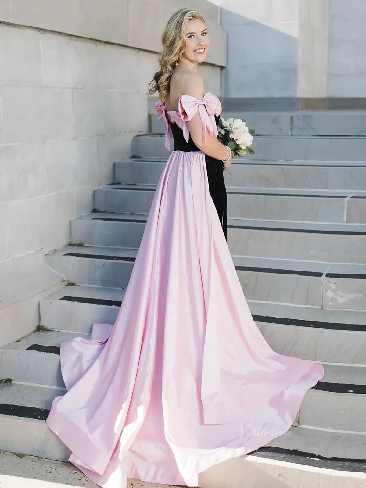 Bow-Tie Sheath Prom Dresses 2025 Velvet Bodice Satin Overskirt Formal Gown with Slit - FD5133-prom dresses 2025 -Viniodress-Pink-Custom Size-