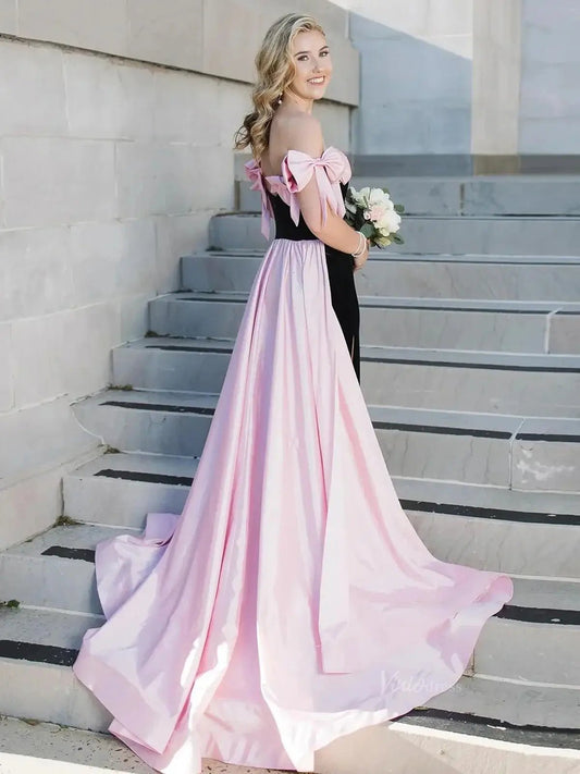 Bow-Tie Sheath Prom Dresses 2025 Velvet Bodice Satin Overskirt Formal Gown with Slit - FD5133-prom dresses 2025 -Viniodress-Pink-Custom Size-