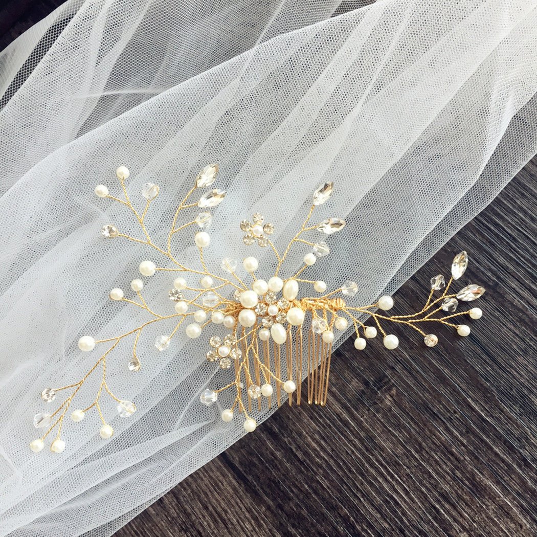 Bridal Comb Gold and Veil-Accessories 2025 -Viniodress-Ivory-