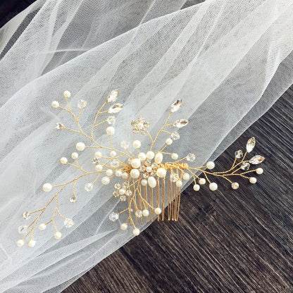 Bridal Comb Gold and Veil-Accessories 2025 -Viniodress-Ivory-