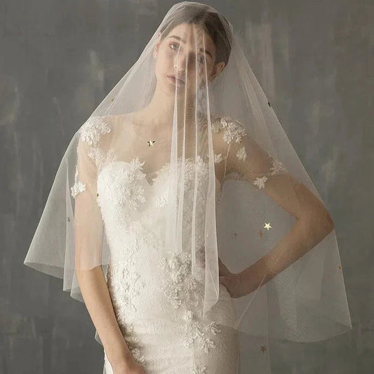 Bridal Drop Veils with Glittery Stars AC1006-Bridal Veil 2025 -Viniodress-Ivory-