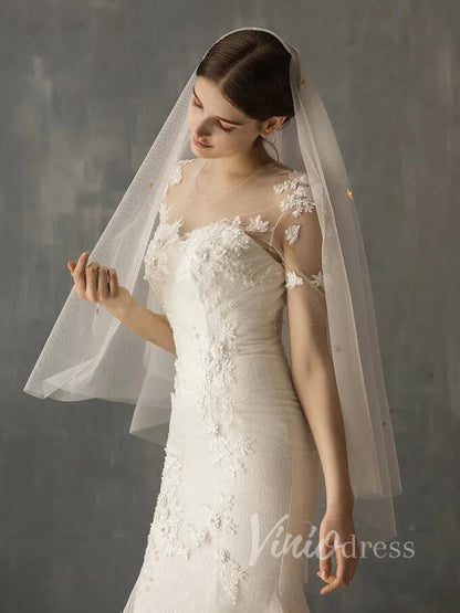 Bridal Drop Veils with Glittery Stars AC1006-Bridal Veil 2025 -Viniodress-Ivory-