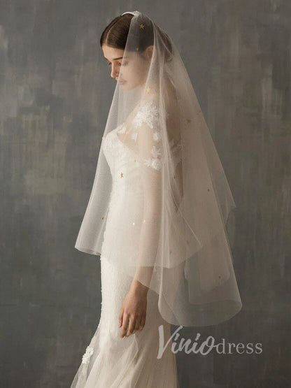 Bridal Drop Veils with Glittery Stars AC1006-Bridal Veil 2025 -Viniodress-Ivory-