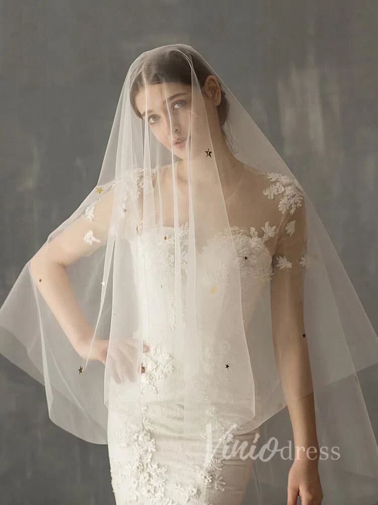 Bridal Drop Veils with Glittery Stars AC1006-Bridal Veil 2025 -Viniodress-Ivory-