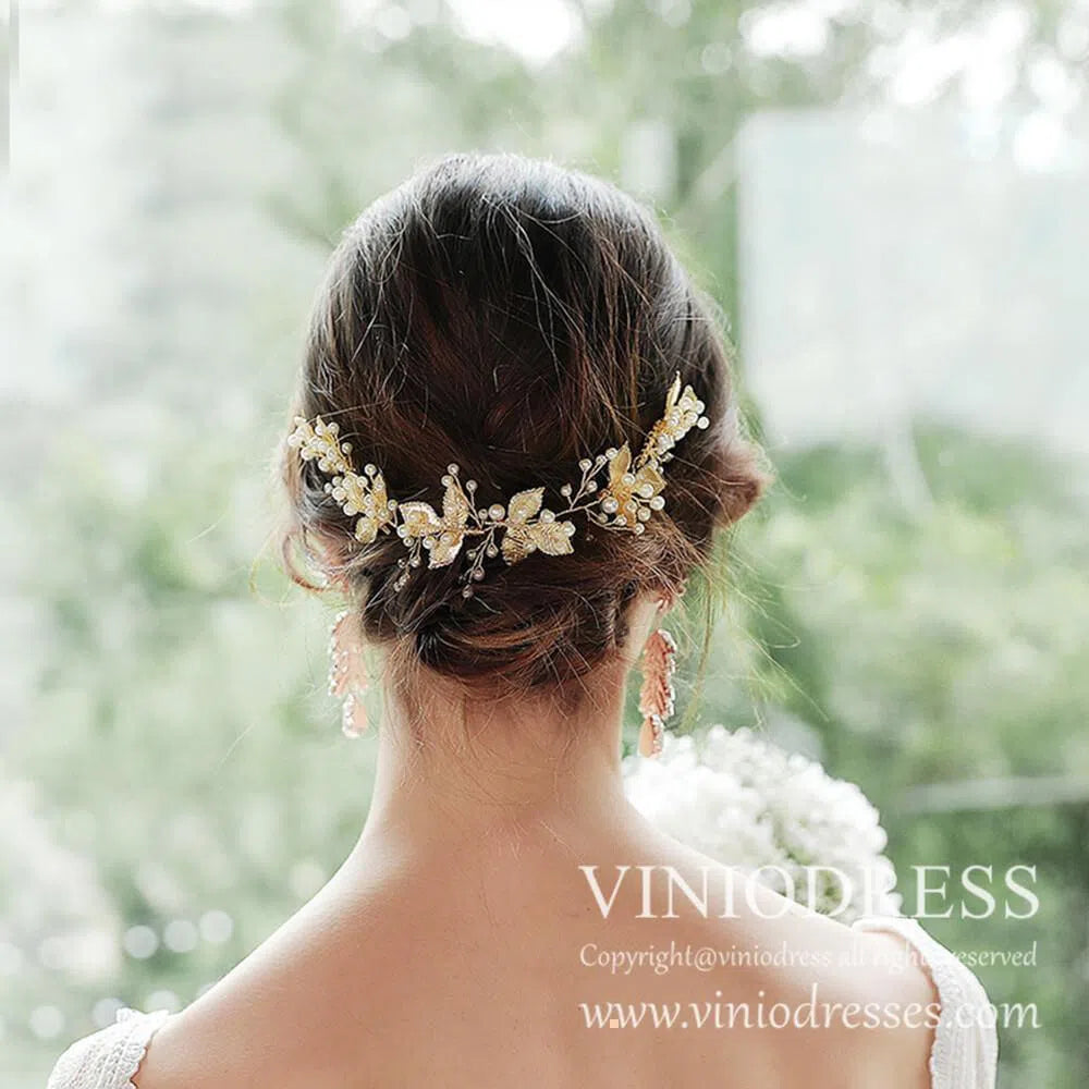 Bridal Headpiece Bum Wrap with Combs AC1053-Headpieces 2025 -Viniodress-Gold-