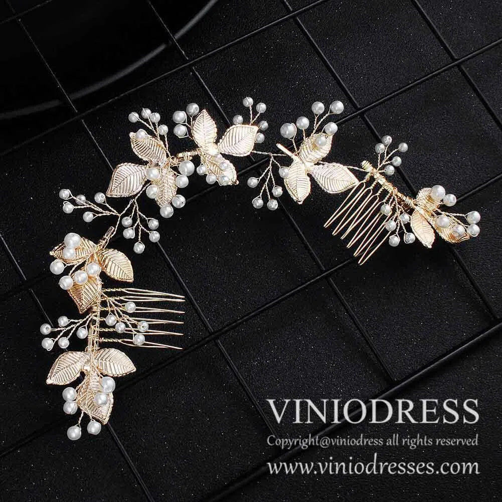 Bridal Headpiece Bum Wrap with Combs AC1053-Headpieces 2025 -Viniodress-Gold-