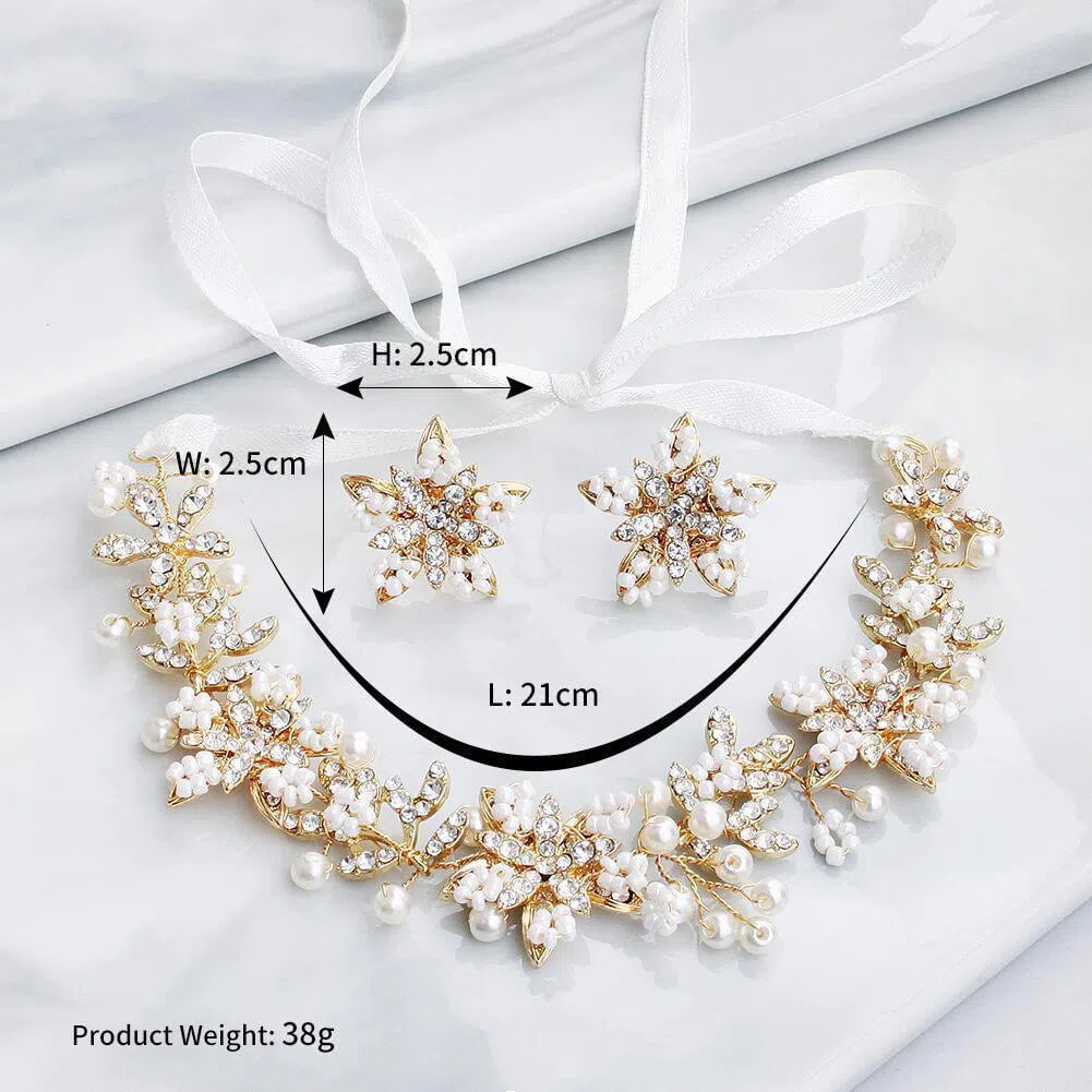 Bridal Jewely Set Blossom Earrings, Neckband AC1069-Bridal Jewelry-Viniodress-Gold-Viniodress