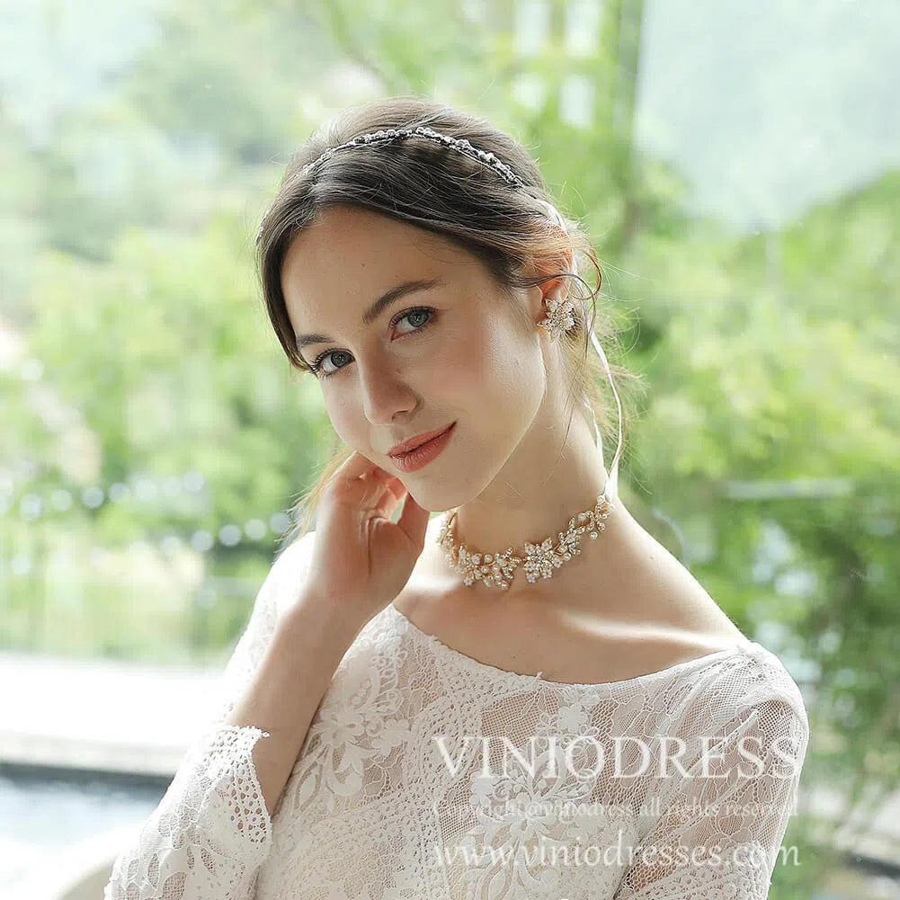 Bridal Jewely Set Blossom Earrings, Neckband AC1069-Bridal Jewelry-Viniodress-Gold-Viniodress