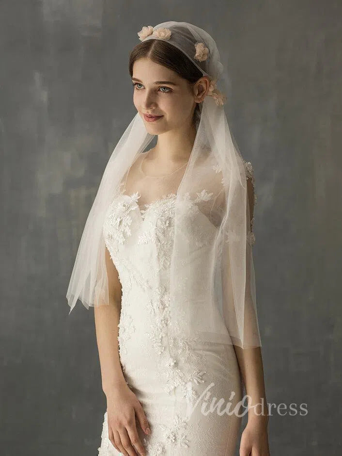 Romantic Juliet Cap Veils with Floral Appliqué AC1005-Veils-Viniodress-Viniodress