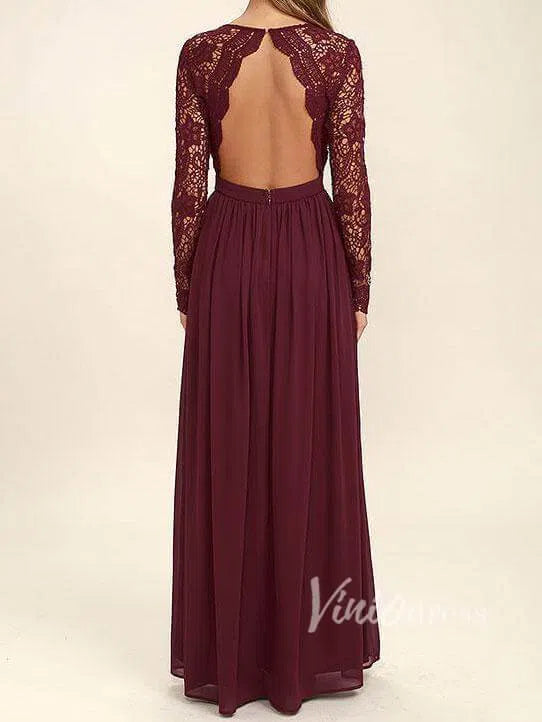 Burgundy V Neck Long Sleeve Bridesmaid Dresses VB1006-bridesmaid dresses-Viniodress-Viniodress