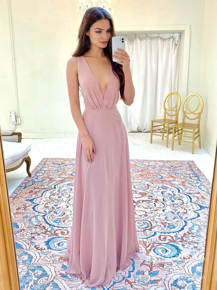 Prom Dress 2025 Deep V-neck Pink Chiffon Bridesmaid Dresses Long Wedding Guest Dress FD2524-unique bridesmaid dresses-As Picture-Custom Size-Viniodress