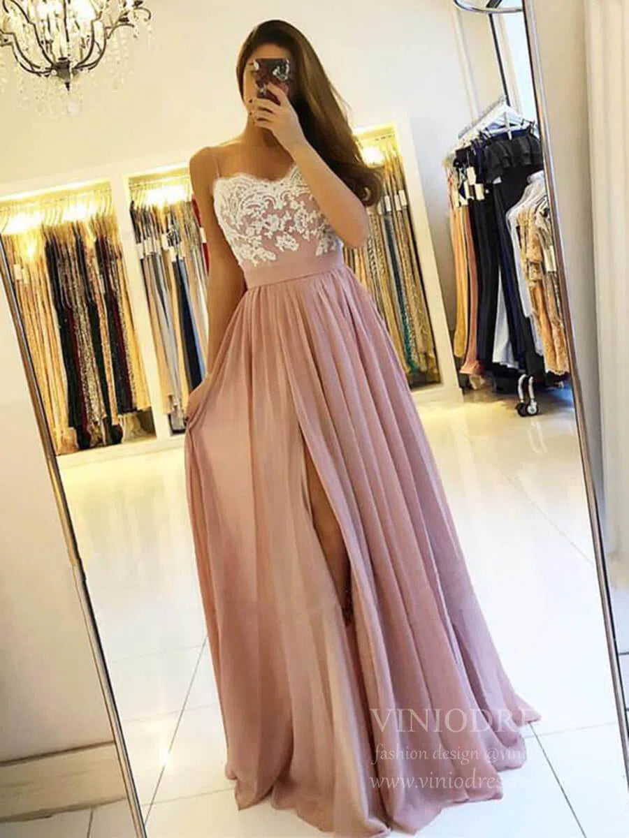 Prom Dress 2025 Dusty Rose Spaghetti Strap Bridesmaid Dresses with Slit FD1699-unique bridesmaid dresses-Dusty Rose-Custom Size-Viniodress