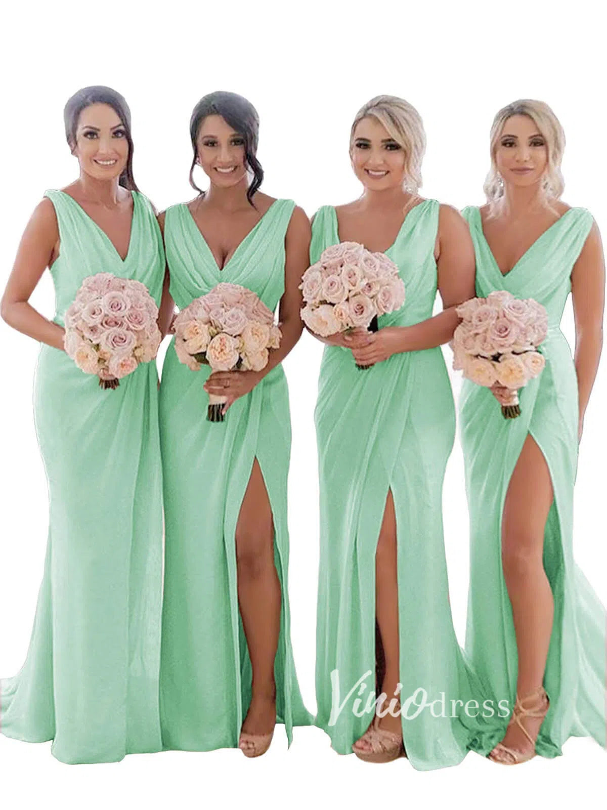 Modest Champagne Long Bridesmaid Dresses with Slit Viniodress VB1003-bridesmaid dresses-Viniodress-Viniodress