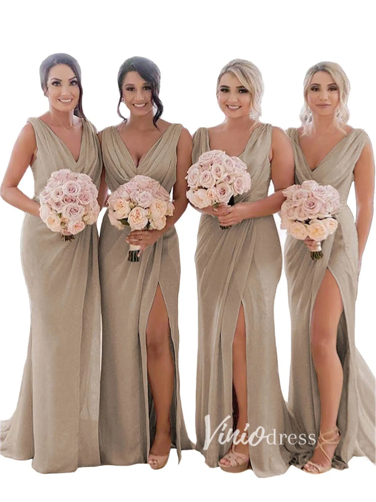 Modest Champagne Long Bridesmaid Dresses with Slit Viniodress VB1003-bridesmaid dresses-Viniodress-Viniodress