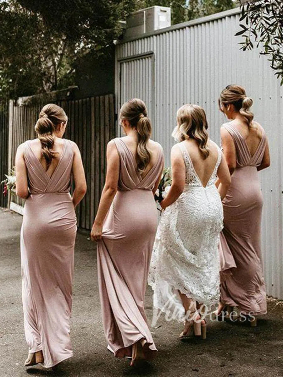 Sheath V Neck Dusty Rose Bridesmaid Dresses Long VB1013-bridesmaid dresses-Viniodress-Viniodress