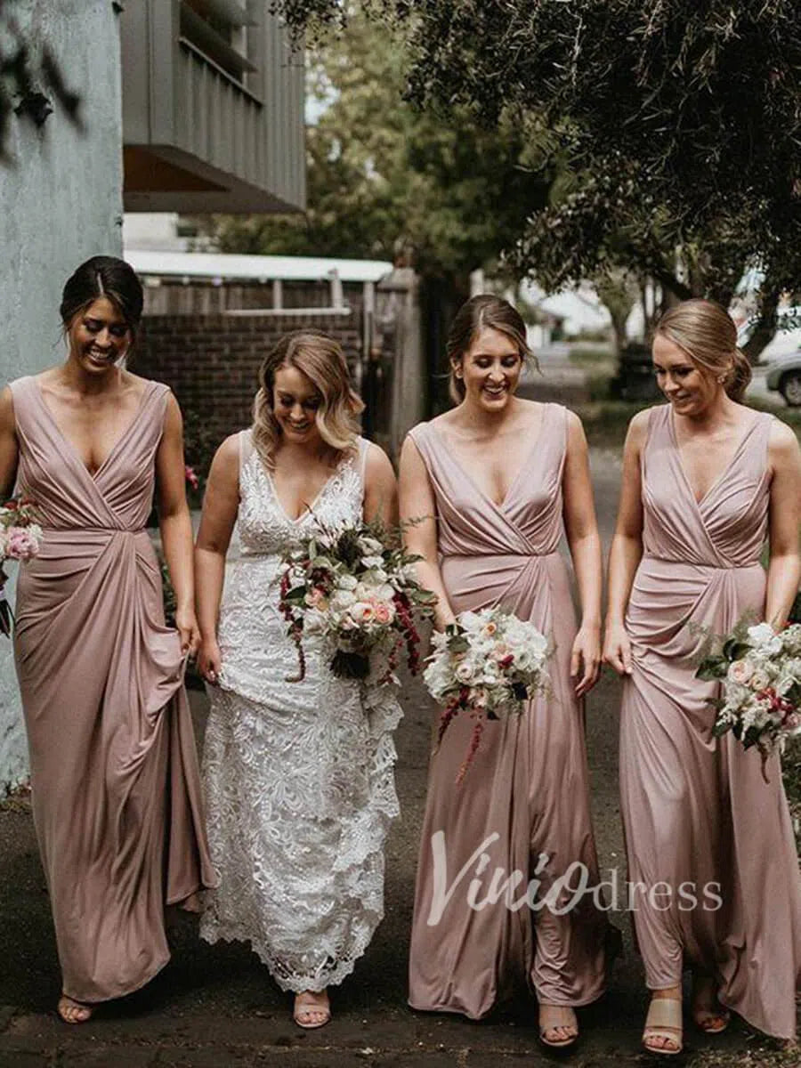 Sheath V Neck Dusty Rose Bridesmaid Dresses Long VB1013-bridesmaid dresses-Viniodress-Viniodress