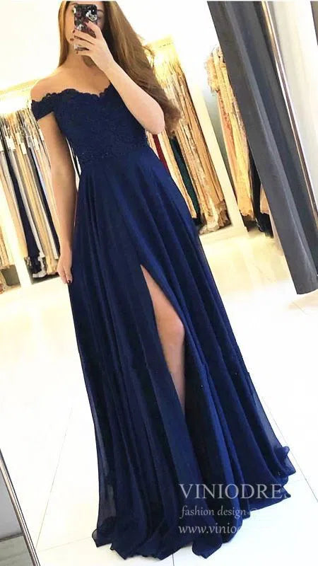 Simple Off the Shoulder Navy Blue Bridesmaid Dresses with Slit VB1703-bridesmaid dresses-Viniodress-Viniodress