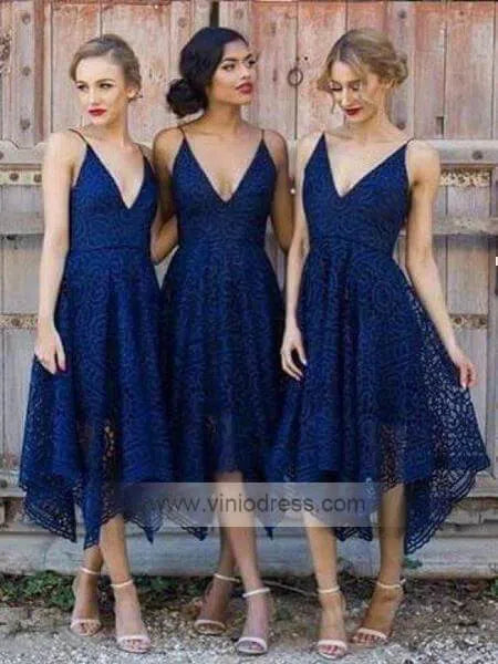 Spaghetti Strap V-neck Lace Bridesmaid Dresses Tea Length Asymmetric Hem VB1008-bridesmaid dresses-Viniodress-Navy Blue-Custom Size-Viniodress