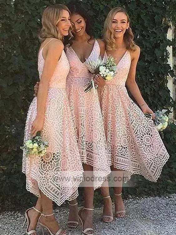 Spaghetti Strap V-neck Lace Bridesmaid Dresses Tea Length Asymmetric Hem VB1008-bridesmaid dresses-Viniodress-Pink-Custom Size-Viniodress