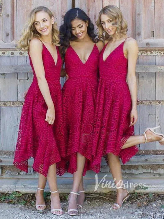 Spaghetti Strap V-neck Lace Bridesmaid Dresses Tea Length Asymmetric Hem VB1008-bridesmaid dresses-Viniodress-Red-Custom Size-Viniodress