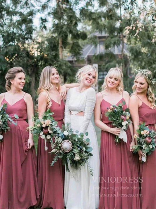 Spaghetti Strap V Neck Plumberry Bridesmaid Dresses Long VB1028-bridesmaid dresses-Viniodress-As Picture-Custom Size-Viniodress