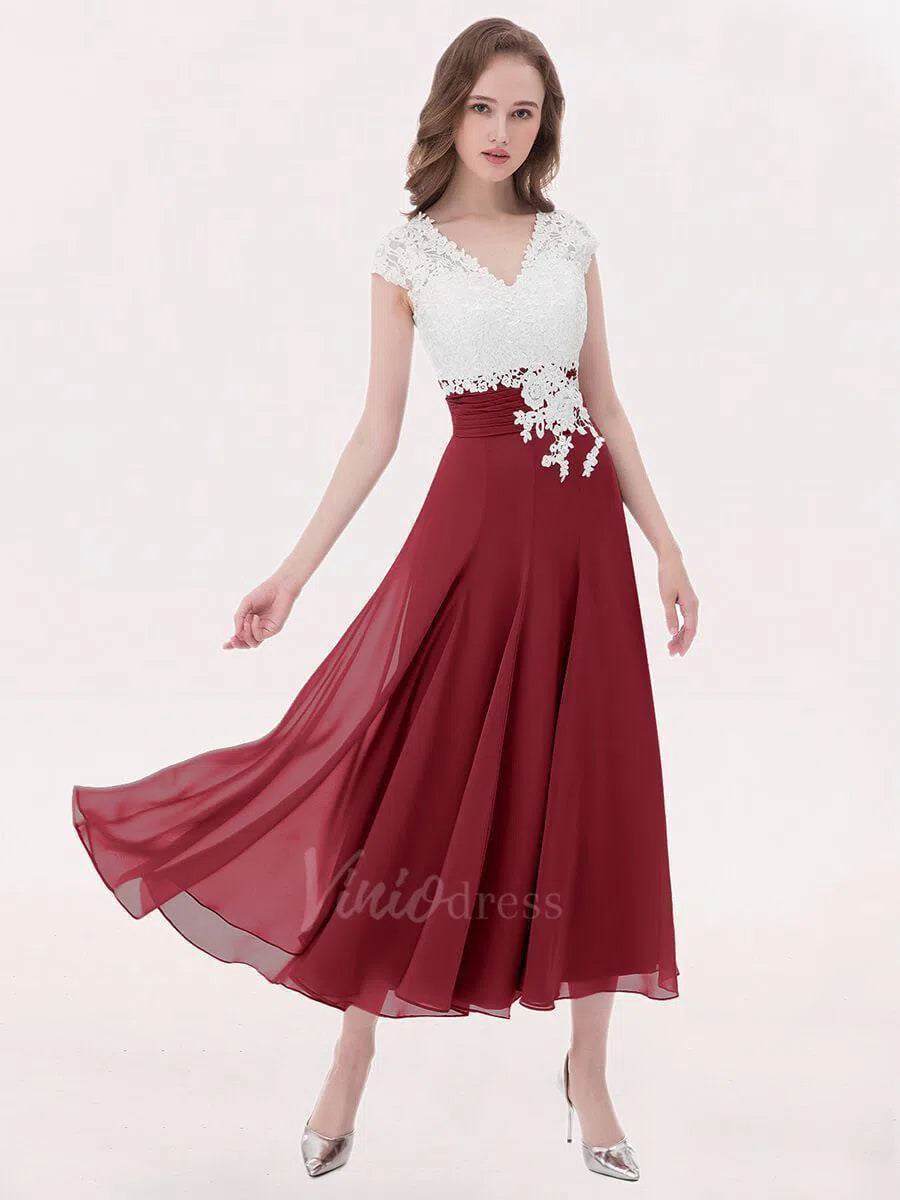 Tea Length Mother of the Bride Dress Lace Bridesmaid Dresses FD1290-bridesmaid dresses-Viniodress-Burgundy-Custom Size-Viniodress