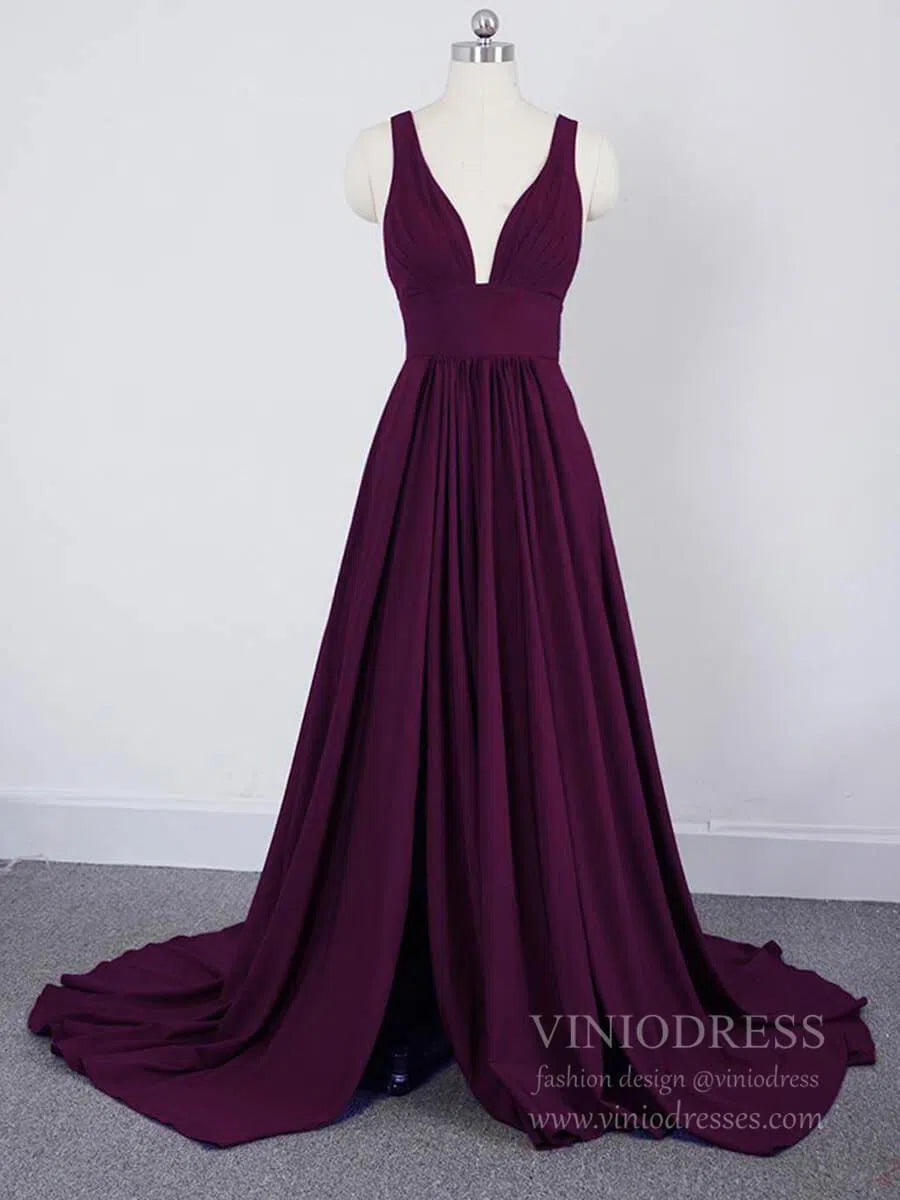 V Neck A-line Light Blue Long Bridesmaid Dresses with Slit VB1027-bridesmaid dresses-Viniodress-Burgundy-Custom Size-Viniodress