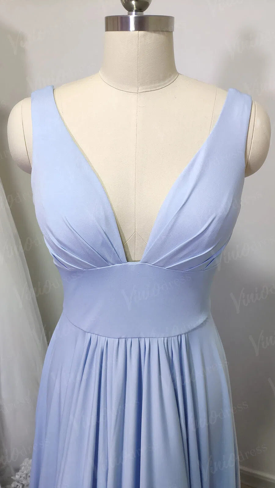 V Neck A-line Light Blue Long Bridesmaid Dresses with Slit VB1027-bridesmaid dresses-Viniodress-Viniodress