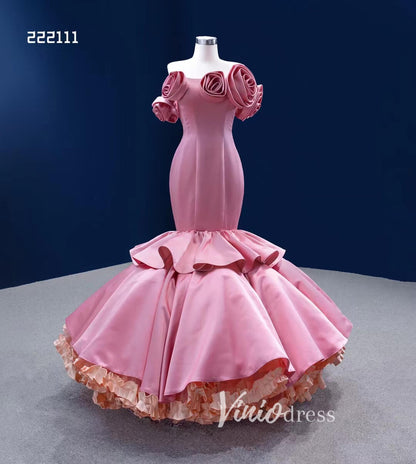 Bright Pink Mermaid Wedding Dress 3D Flower Pageant Dress 222111-wedding dresses 2025 -Viniodress-Pink-Custom Size-