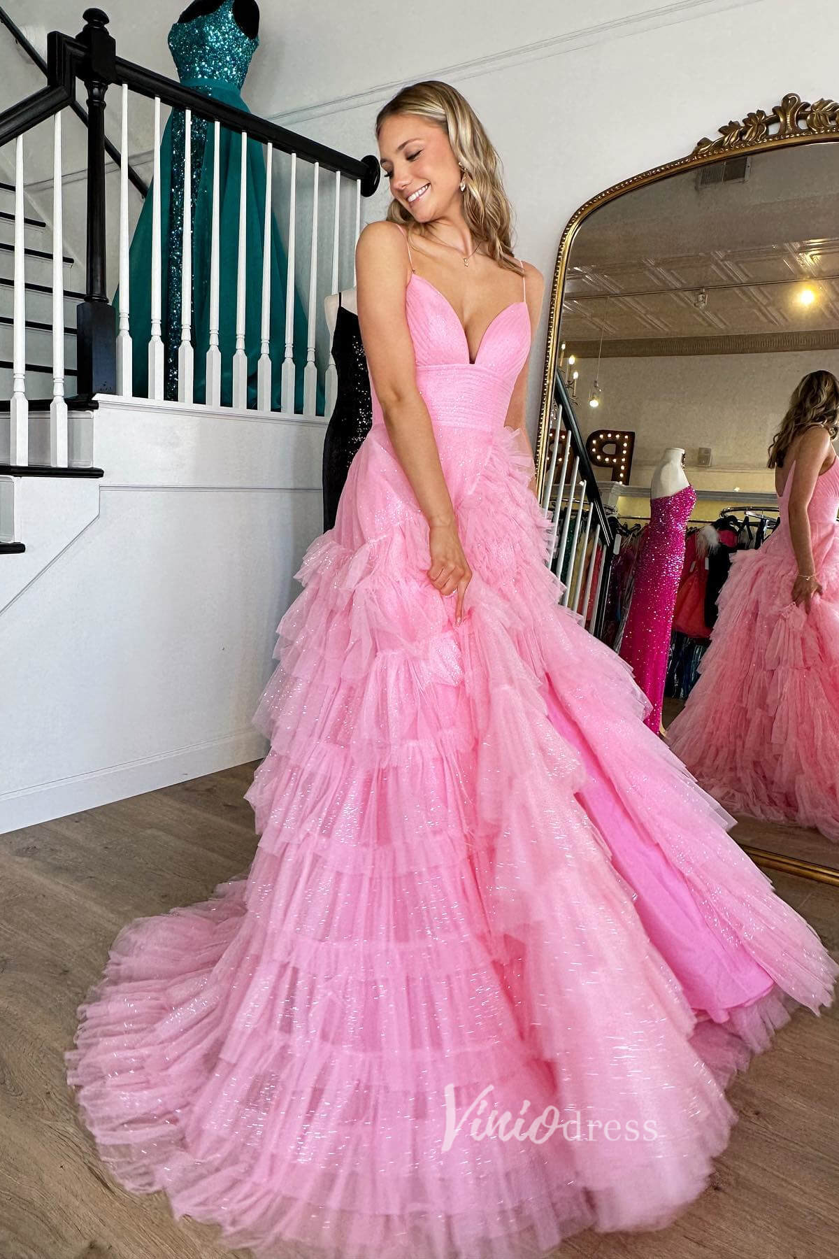 Bright Pink Ruffle Prom Dresses Tiered Ball Gown with Slit FD3509-prom dresses 2025 -Viniodress-Pink-Custom Size-