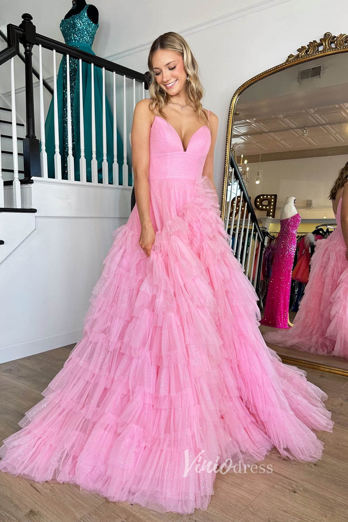 Bright Pink Ruffle Prom Dresses Tiered Ball Gown with Slit FD3509 - Viniodressprom dressesPinkCustom Size - Formal Dresses - Ball Gowns