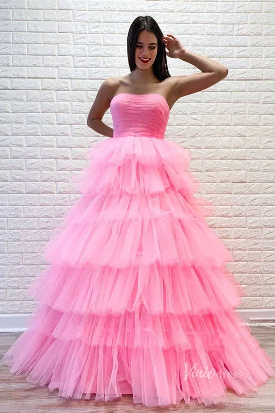 Bright Pink Tiered Prom Dress Strapless Ruffle Tulle Pageant Gown FD2855-prom dresses 2025 -Viniodress-Pink-Custom Size-