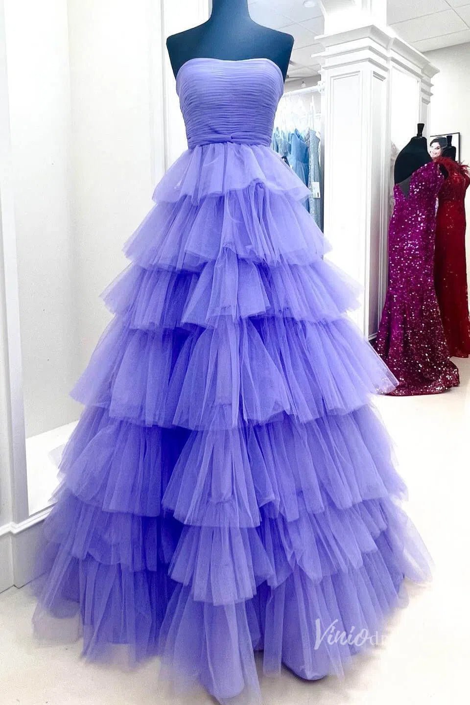Bright Pink Tiered Prom Dress Strapless Ruffle Tulle Pageant Gown FD2855-prom dresses 2025 -Viniodress-Pink-Custom Size-