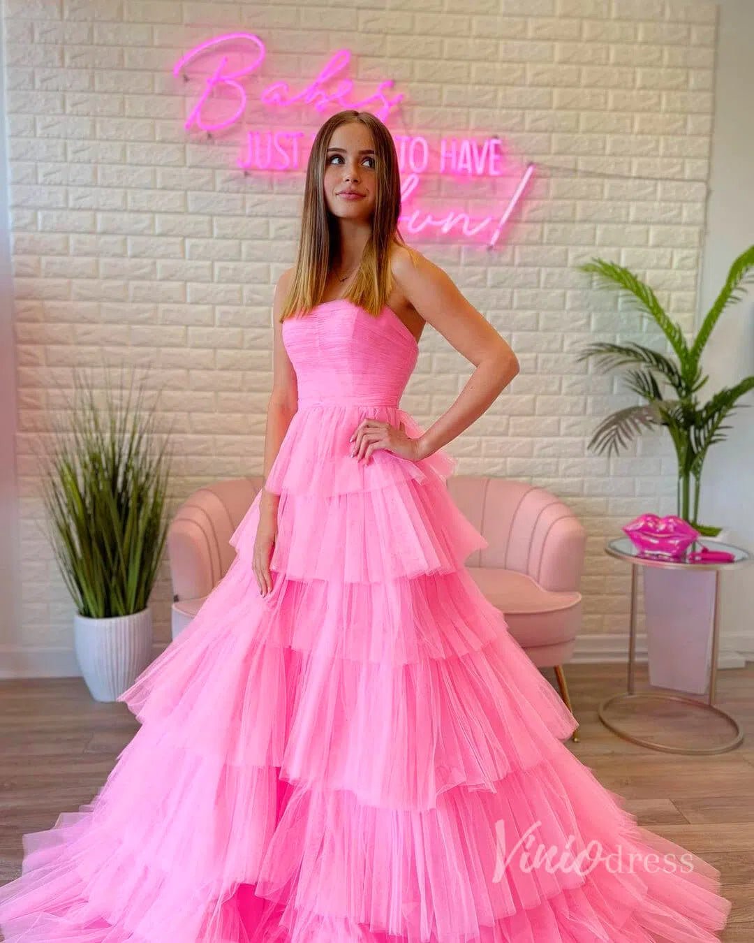Bright Pink Tiered Prom Dress Strapless Ruffle Tulle Pageant Gown FD2855-prom dresses 2025 -Viniodress-Pink-Custom Size-