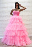 Bright Pink Tiered Prom Dress Strapless Ruffle Tulle Pageant Gown FD2855-prom dresses-Viniodress-Viniodress