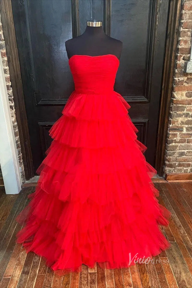 Bright Pink Tiered Prom Dress Strapless Ruffle Tulle Pageant Gown FD2855-prom dresses-Viniodress-Viniodress